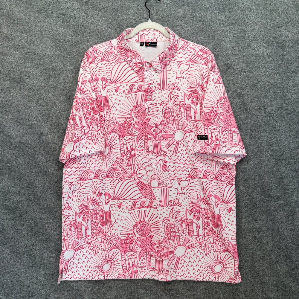 Yatta Golf Polo Shirt Men XL Pink Tropical‎ Island Print Performance Stretch